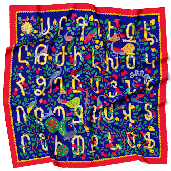 Armenian Alphabet silk scarf / Blue