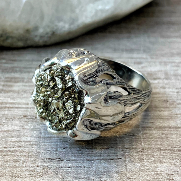 24K Gold Plated Pyrite Silver Ring