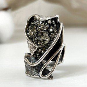 Sterling silver ring | golden gemstone pyrite | handmade jewelry by Shahinian studio