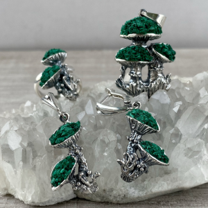 Mushrooms silver jewelry set | raw malachite | designed by Shahinian jewelry