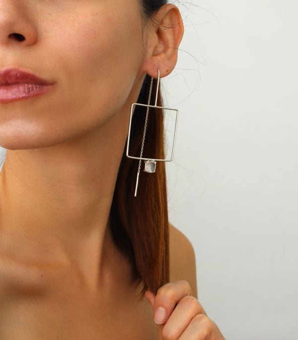 Silver geometric earrings with natural crystal