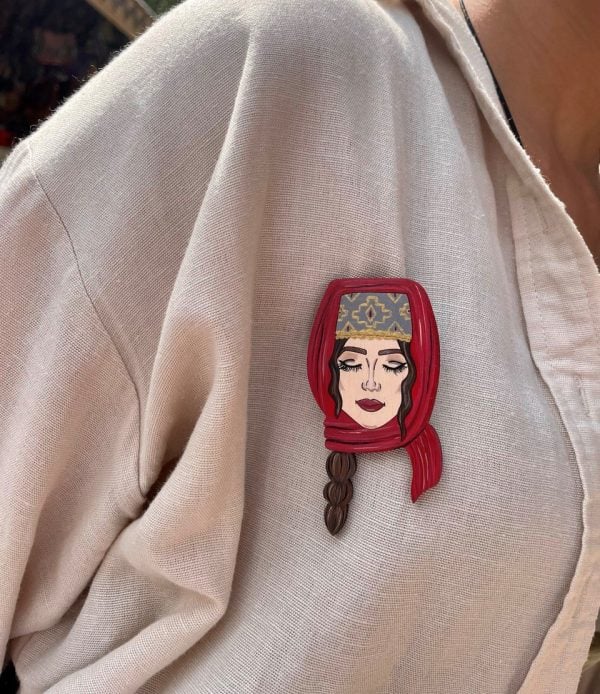 "Armenian Girl" Wooden Brooch