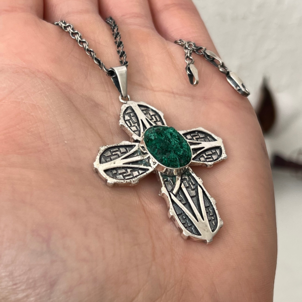 Sterling Silver Raw malachite Cross Pendant