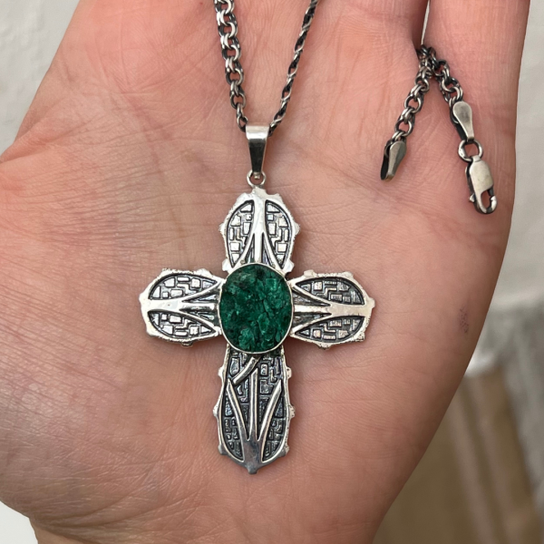 Sterling Silver Raw malachite Cross Pendant