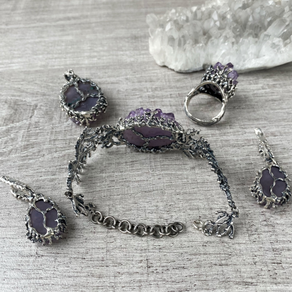 Sterling Silver Amethyst Druzy Jewelry Set