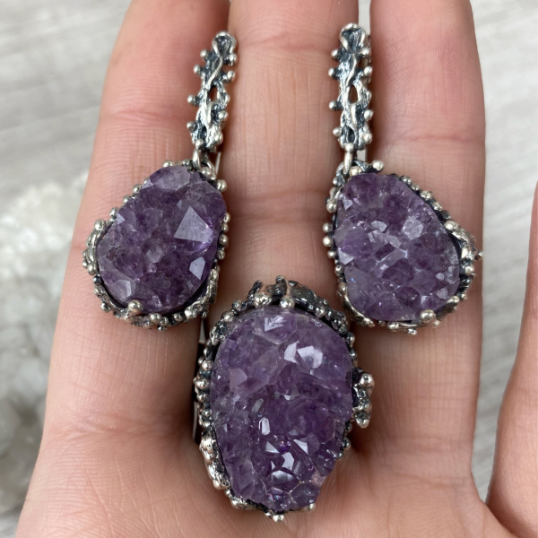 Sterling Silver Amethyst Druzy Jewelry Set