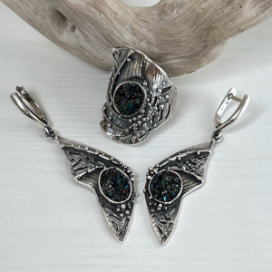 Sterling silver jewelry set “Butterfly” black natural stone