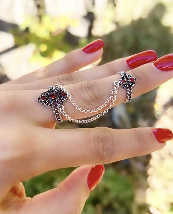 Sterling Silver Red Stone Double Ring