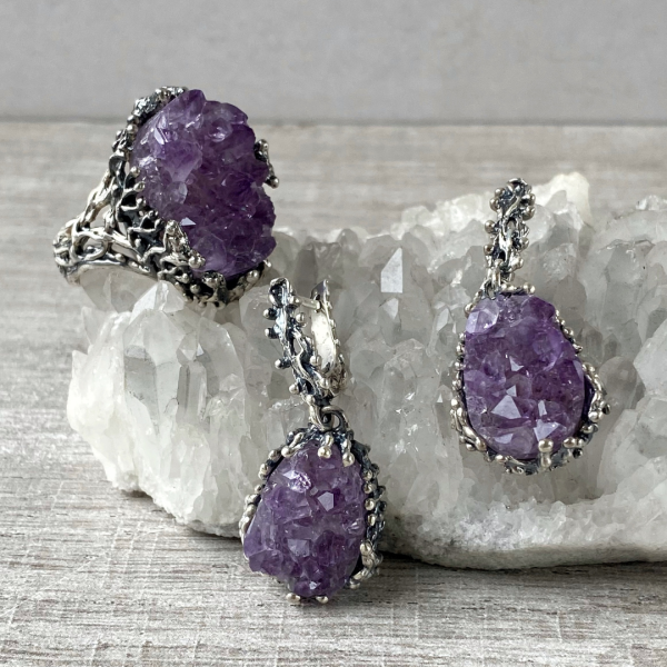 Sterling Silver Amethyst Druzy Jewelry Set