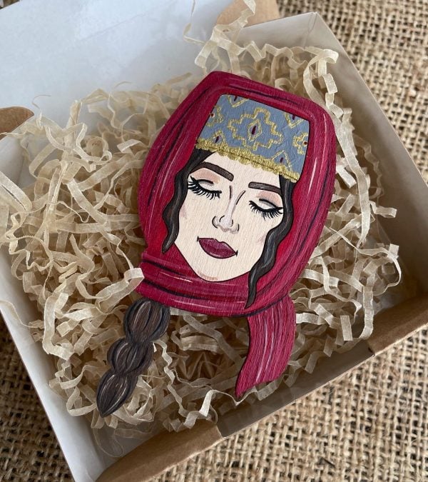 "Armenian Girl" Wooden Brooch