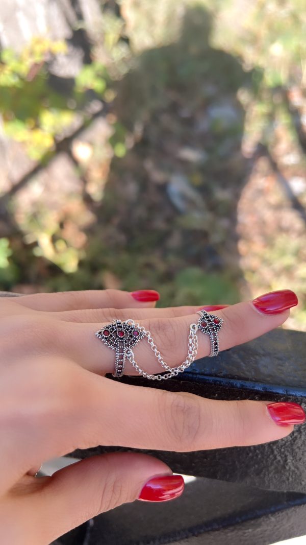 Sterling Silver Red Stone Double Ring