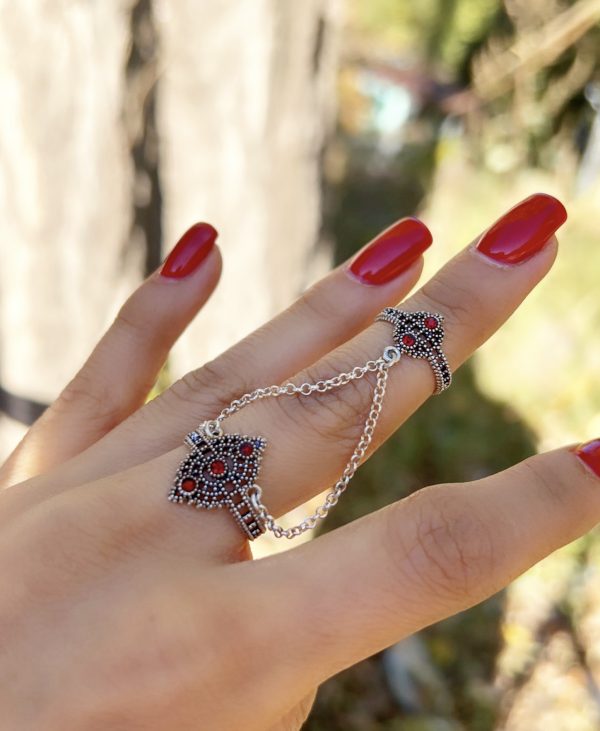 Sterling Silver Red Stone Double Ring