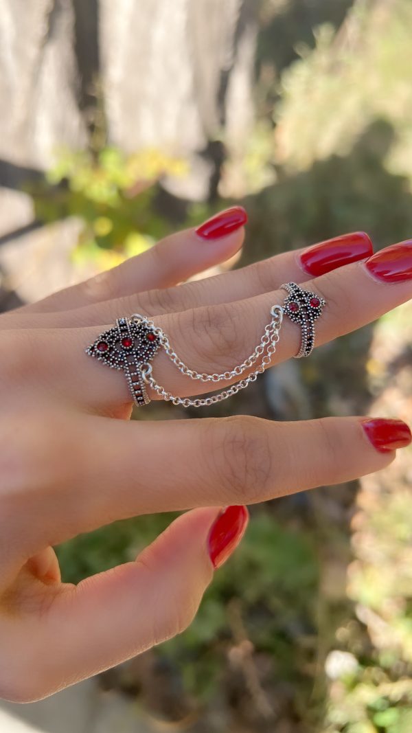 Sterling Silver Red Stone Double Ring