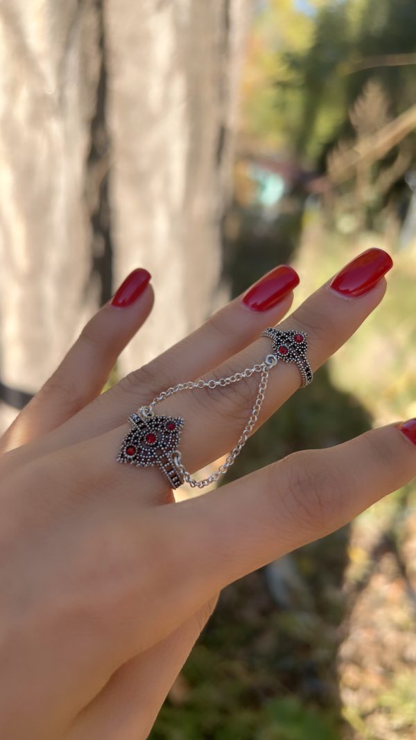 Sterling Silver Red Stone Double Ring