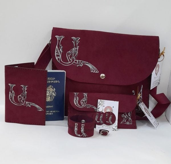 Maroon Accessories Set with Armenian Bird Letter "A"