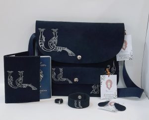 Dark blue accessories set with Armenian birdletter A