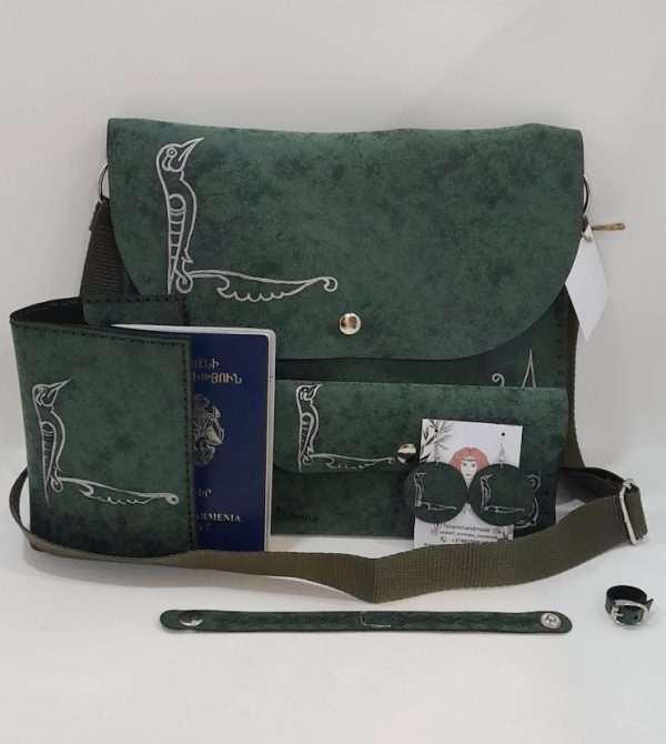 Green accessories set with Armenian birdletter L