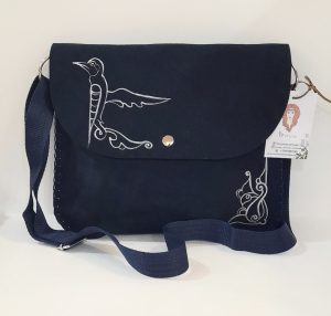 Blue handmade bag with Armenian birdletter E