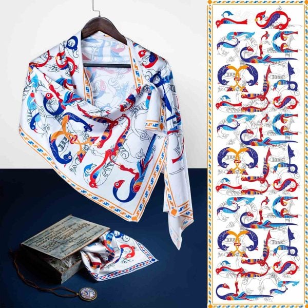 Armenian Bird Letter White Silk Scarf