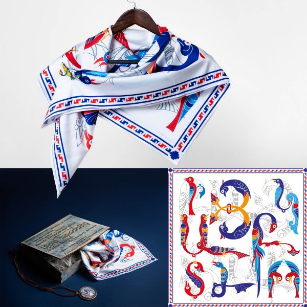 Armenian Bird Letter White Silk Scarf