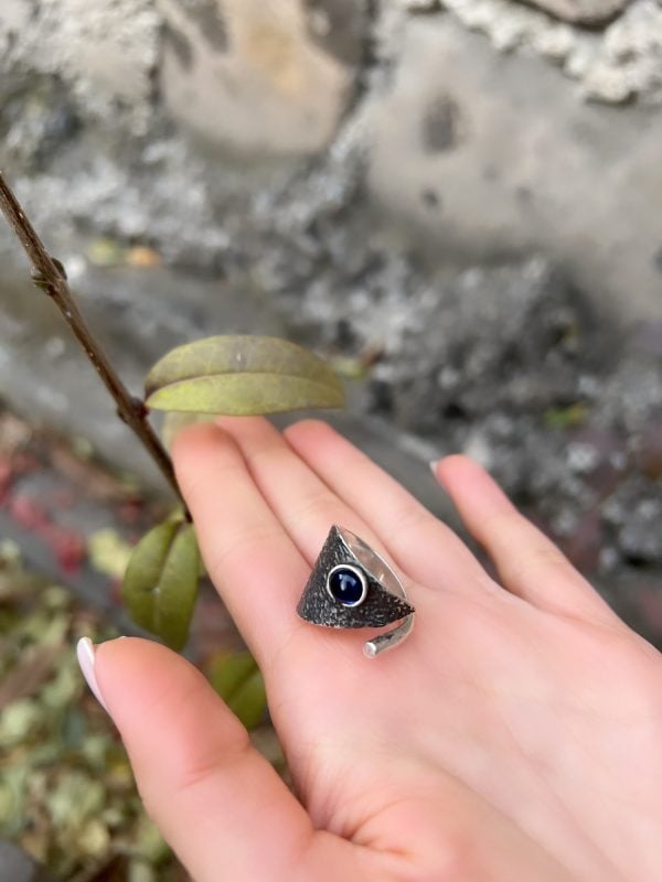 Sterling Silver Blue Sapphire Gothic Ring