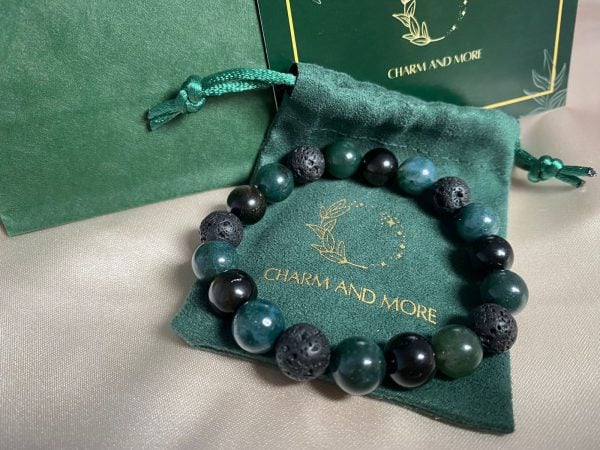 Moss Agate, Lava Stone and Obsidian Charm Bracelet