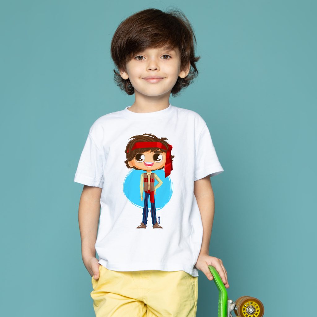 a boy wearing a white printed t-shirt