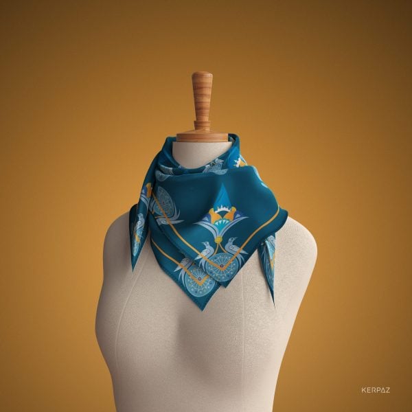 Blue Silk Scarf with Armenian Ornaments