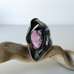 Adjustable silver ring with natural pink stone rodonite | designed by Shahinian jewelry