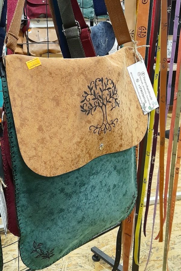 Green and brown handmade big bag with the Armenian pattern Tree of life