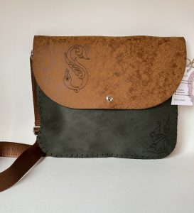 Green-brown handmade bag with Armenian birdletter T