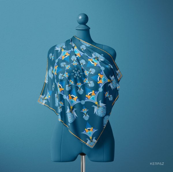 Blue Silk Scarf with Armenian Ornaments