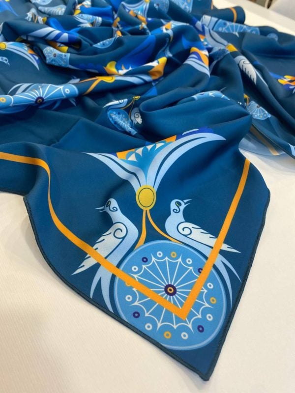 Blue Silk Scarf with Armenian Ornaments