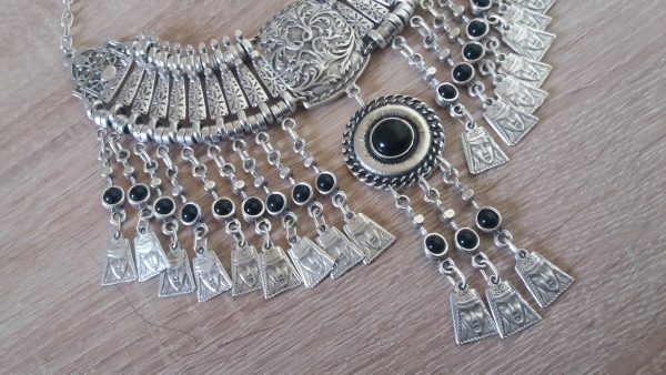 Silver Plated Drop Coin Anahit Necklace, Armenian Necklace, Armenian Necklace with Black Onyx Stones