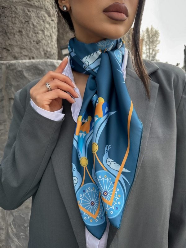 Blue Silk Scarf with Armenian Ornaments