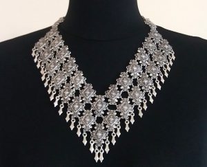 Armenian Silver Plated Diamonds Statement Necklace, Ethnic Diamond Statement