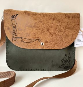 Green-brown handmade bag with Armenian birdletter L