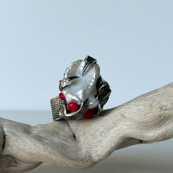 Natural Pearls And Coral Silver Ring