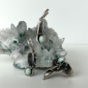 Sterling silver jewelry set with natural larimar gemstone | jewelry design by Shahinian