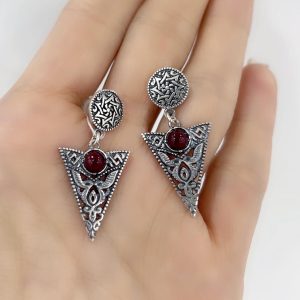Garnet Earrings , Sterling Silver 925 Armenian Garnet Earrings , Armenian Taraz Jewellery , Dangle Geometric Earrings