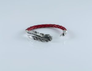 Cuff Bracelet Feather For Women Sterling Silver 925 and Genuine Leather