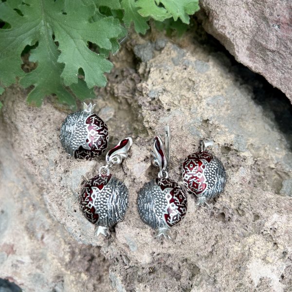 Sterling silver 925 Armenian POMEGRANATE jewellery set , Red enameled ornaments