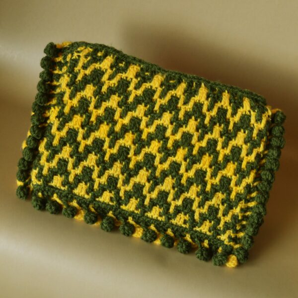 Crochet Bag - Casual Chic Crochet Pouch - Yellow and Green - Zig Zag Pattern with Pompoms