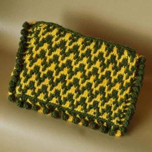 Crochet Bag – Casual Chic Crochet Pouch – Yellow and Green – Zig Zag Pattern with Pompoms