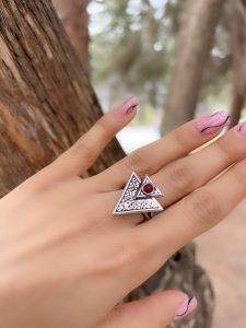 Sterling silver 925 GARNET RING , triangle ring , Armenian handmade ring