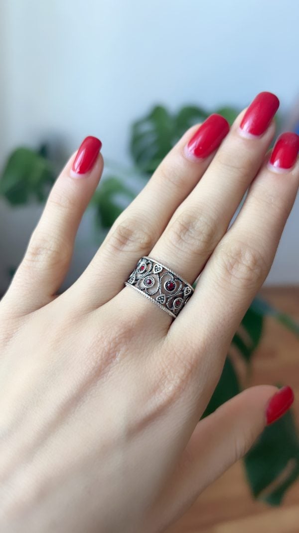 Sterling Silver Red Stone Heart Ring