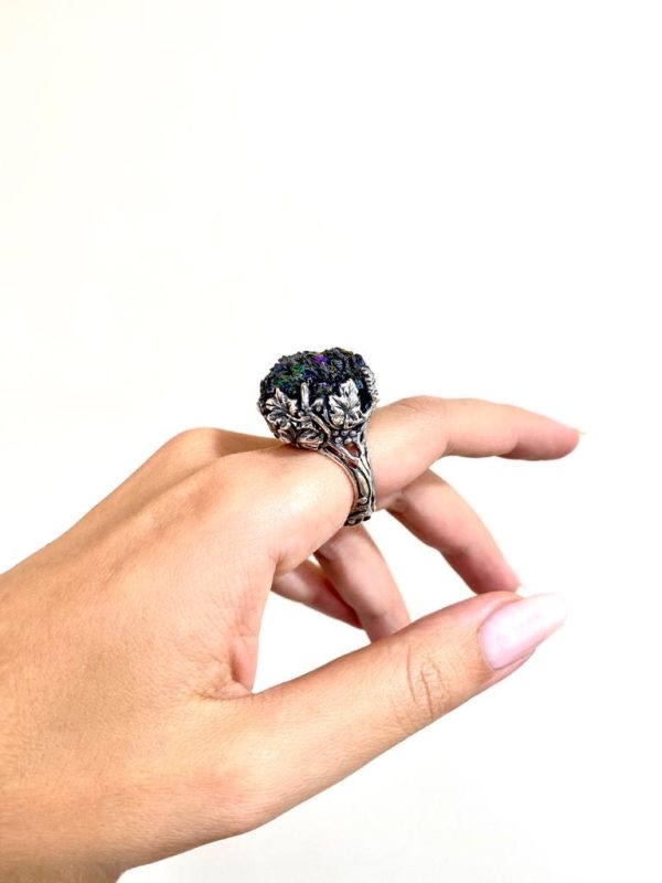 Large Elegant Ring Grapes Sterling Silver 925 with Raw Druzy Rainbow Carborundum