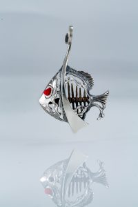 Large Fish Pendant Sterling Silver 925 with Red Coral