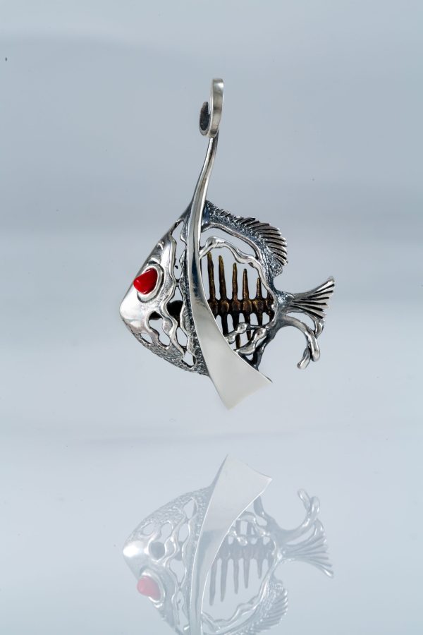 Large Fish Pendant Sterling Silver 925 with Red Coral