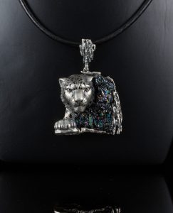 Snow Leopard Pendant Sterling Silver 925 with Druzy Rainbow Carborundum